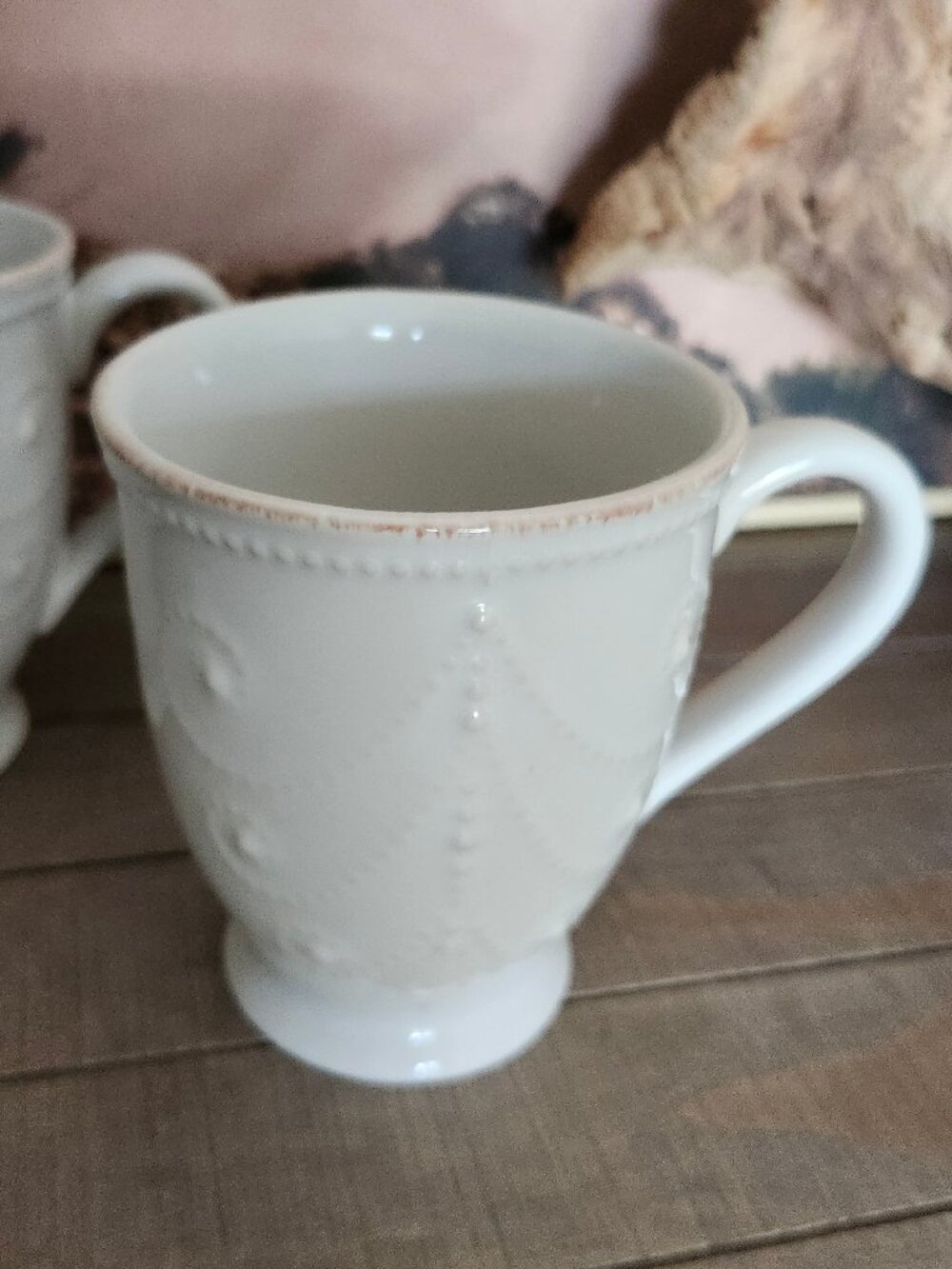 LENOX French Perle Creme Set of 3 12oz Ceramic Mugs Embossed Bead Shabby Chic